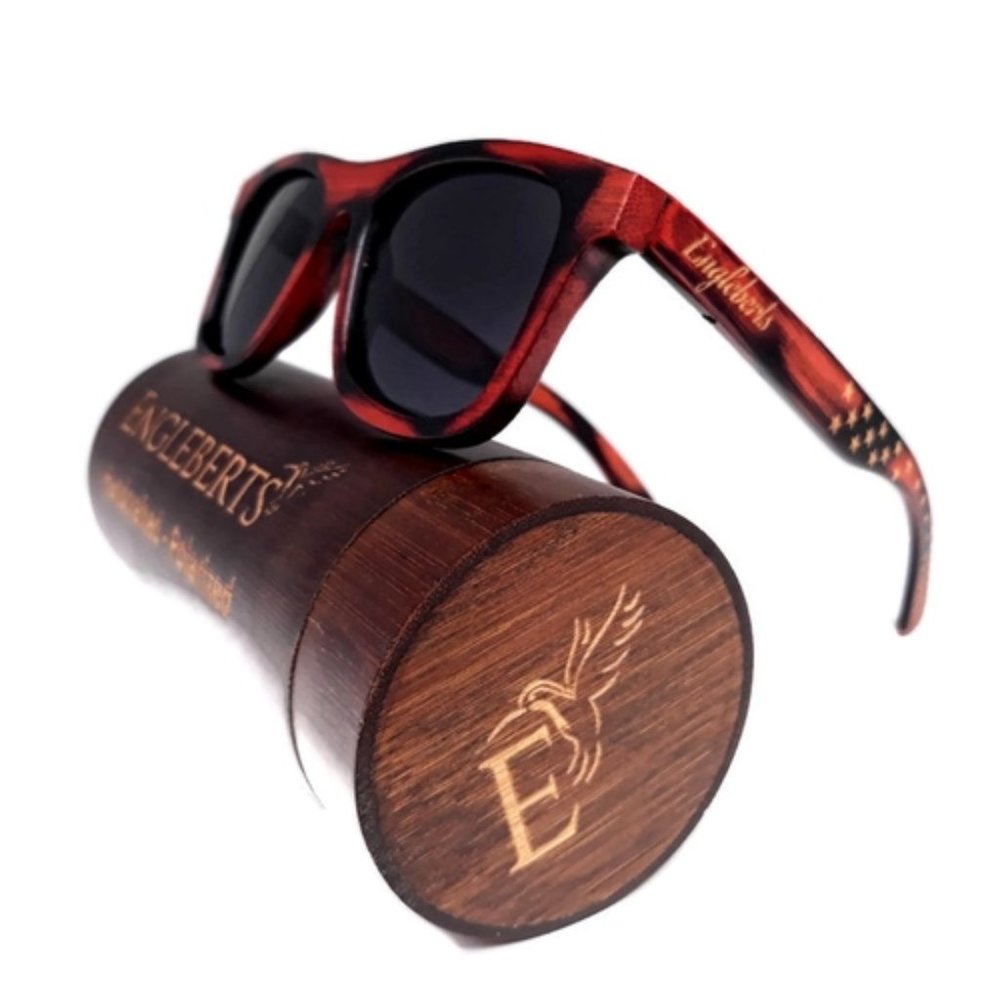 Red Burnt Bamboo Sunglasses With Wood Case, Stars